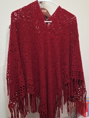 Women's Red Crochet Fringe Poncho Sweater